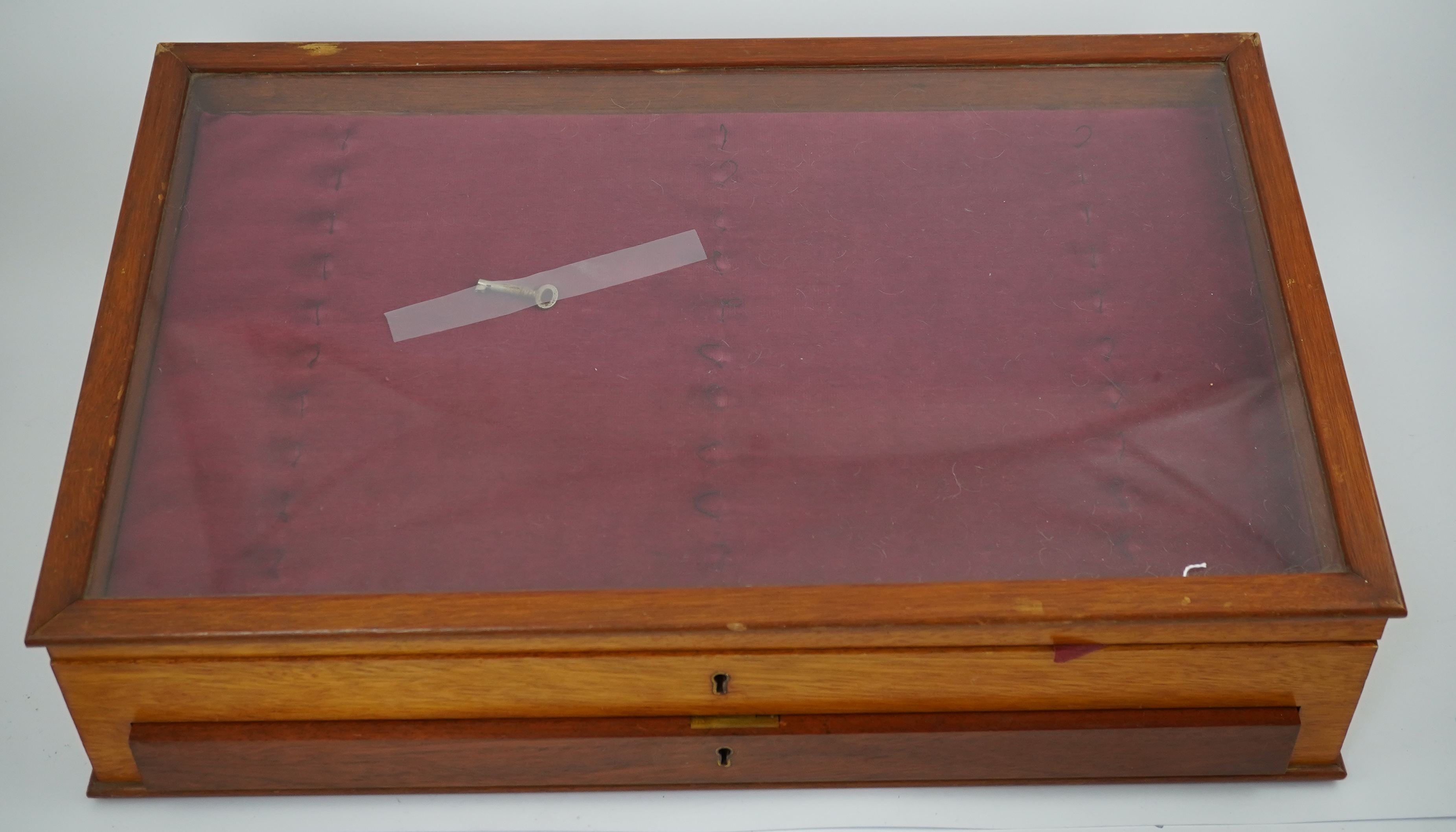 A fountain pen collector's cabinet / display, with lockable drawer and key